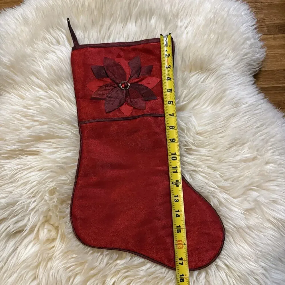 VTG Poinsettia Burgundy Red Christmas Stocking Metallic Thread Nylon Rhinestone